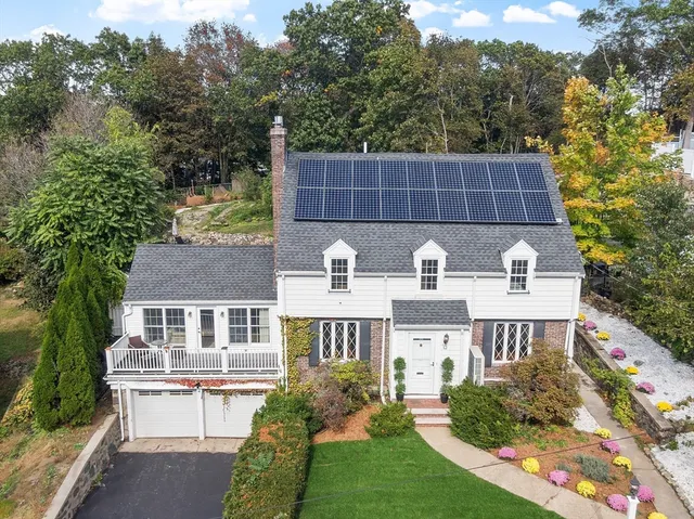 a aerial view of a house with a yard and potted plants