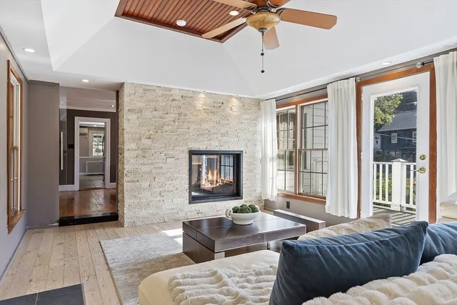 a view of a balcony with wooden floor