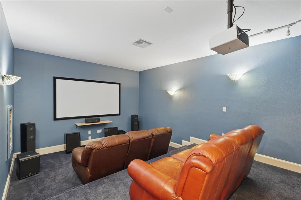 8517 Stallion Street Denton, TX 76208 - Photo 6 of 36 a projector room with large couches and projector with wooden floor