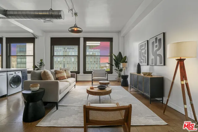 a living room with furniture potted plant and a large window