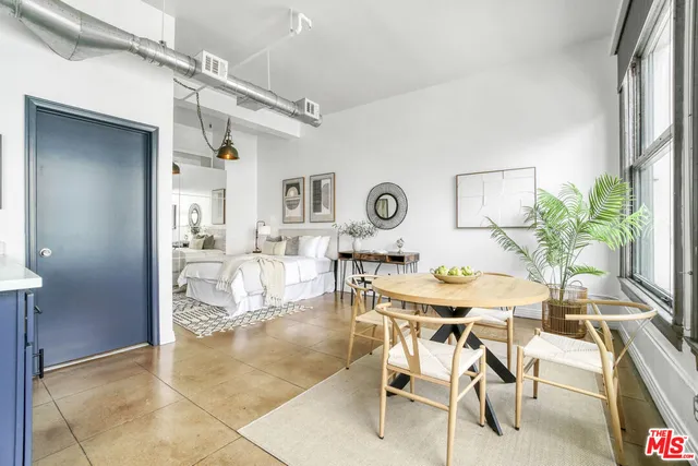 a view of a dining room with furniture and a potted plant
