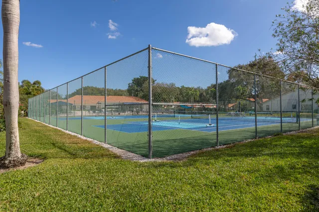 a view of a tennis ground with large trees