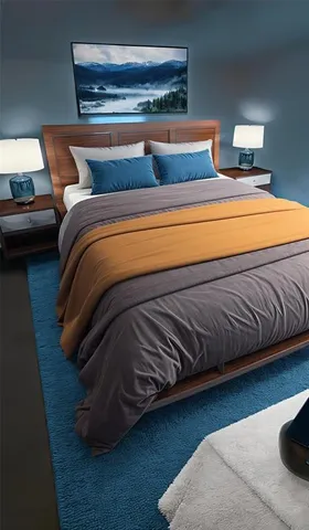 a bedroom with a bed and lamp