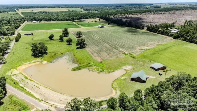 an aerial view of a house with outdoor space
