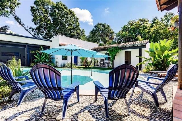 a view of a chairs and table in front of a house