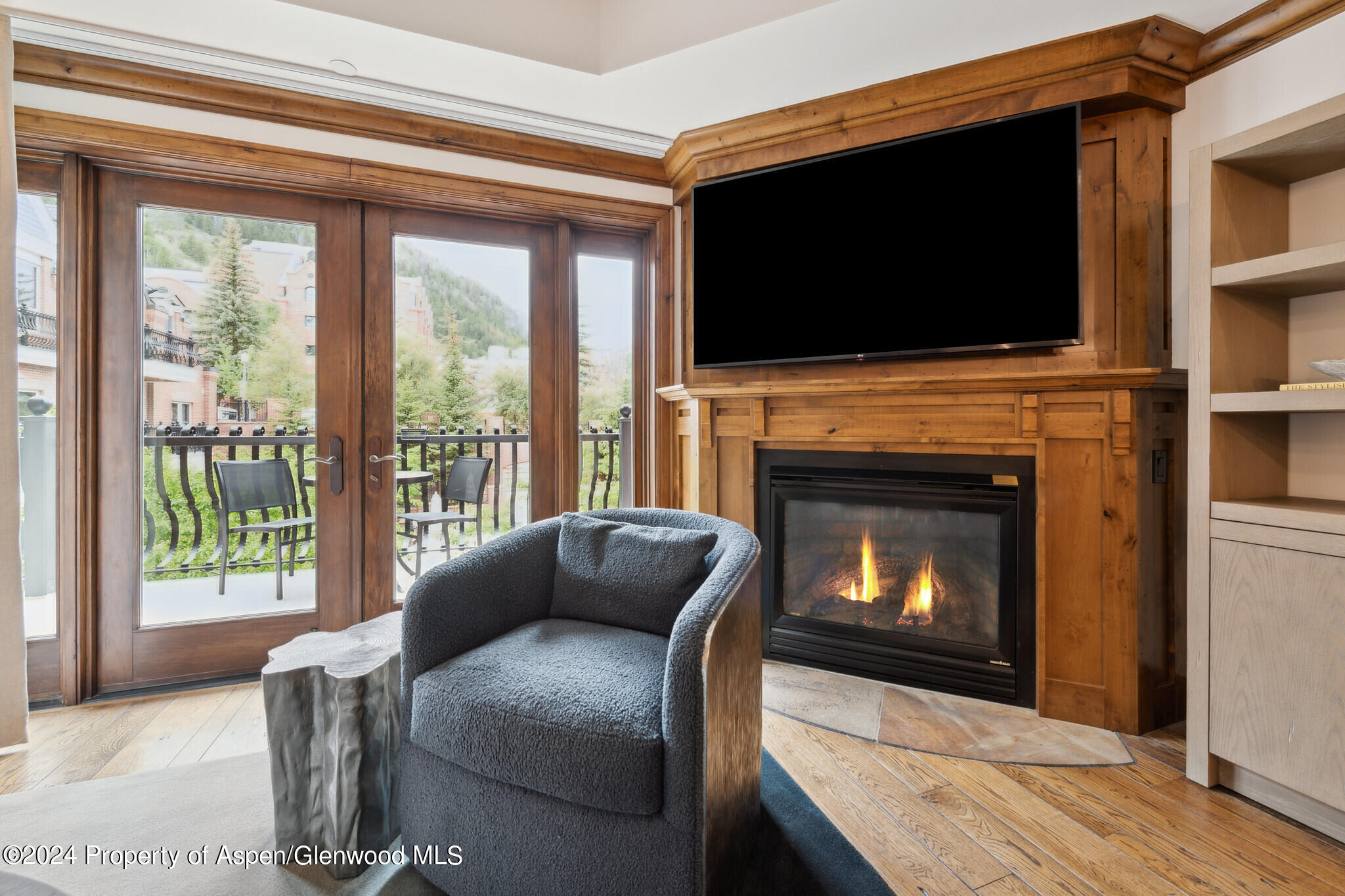 415 East Dean St Unit 22 Week 6 Aspen, CO 81611 - Photo 6 of 25 a living room with furniture a flat screen tv and a fireplace