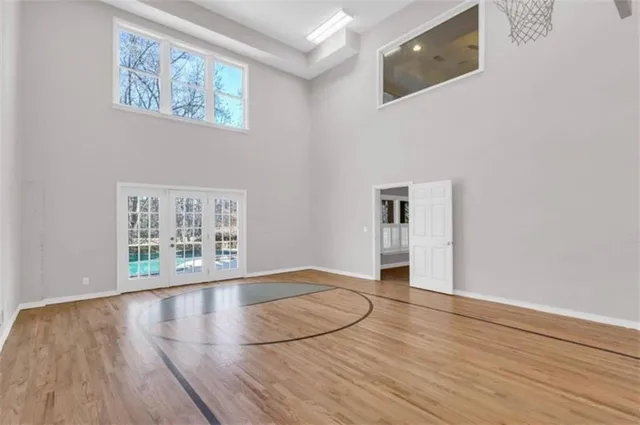 a view of porch with wooden floor