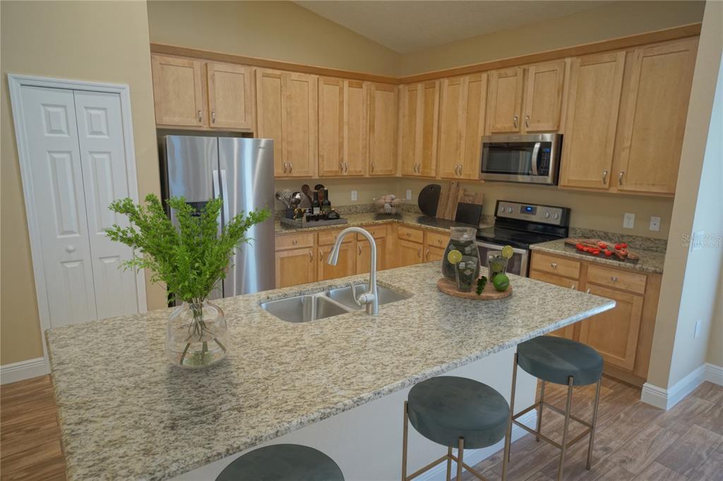 3525 West Ballast Point Boulevard Tampa, FL 33611 - Photo 3 of 25 a kitchen with stainless steel appliances granite countertop a refrigerator a stove a sink cabinets and a dining table
