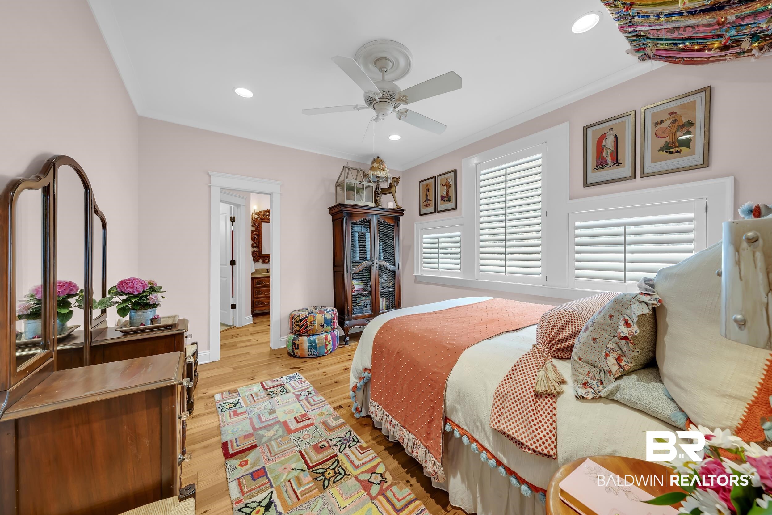 12161 Jessamine Street Magnolia Springs, AL 36555 - Photo 34 of 70 Bedroom featuring light wood finished floors, recessed lighting, a ceiling fan, and crown molding