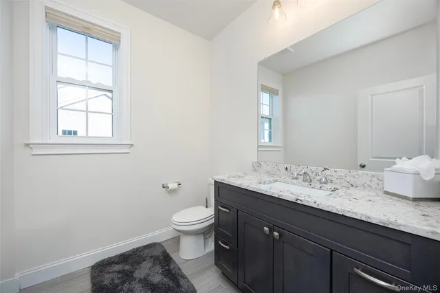 a bathroom with a granite countertop sink toilet and mirror