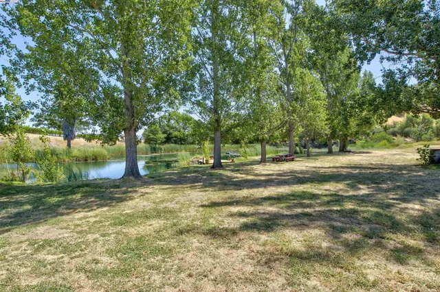 a view of a lake with houses in the back