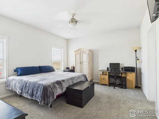 a bedroom with a bed couch tv and a window