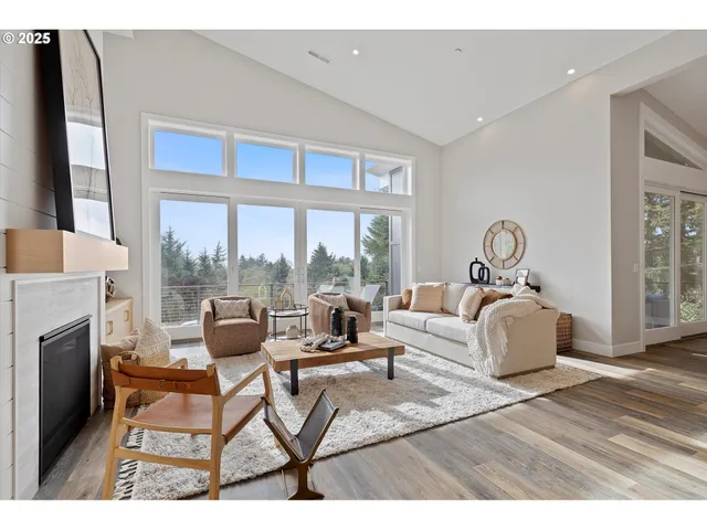 a living room with furniture a fireplace and a floor to ceiling window
