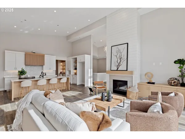 a living room with furniture a fireplace and a potted plant