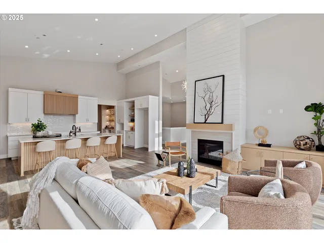 a living room with furniture a fireplace and a potted plant