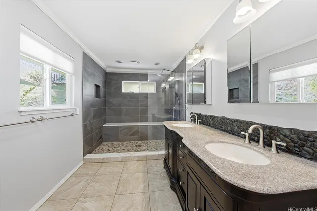 a bathroom with a granite countertop sink a mirror and a shower