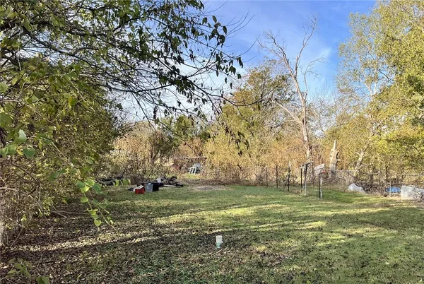 a view of a field with large trees