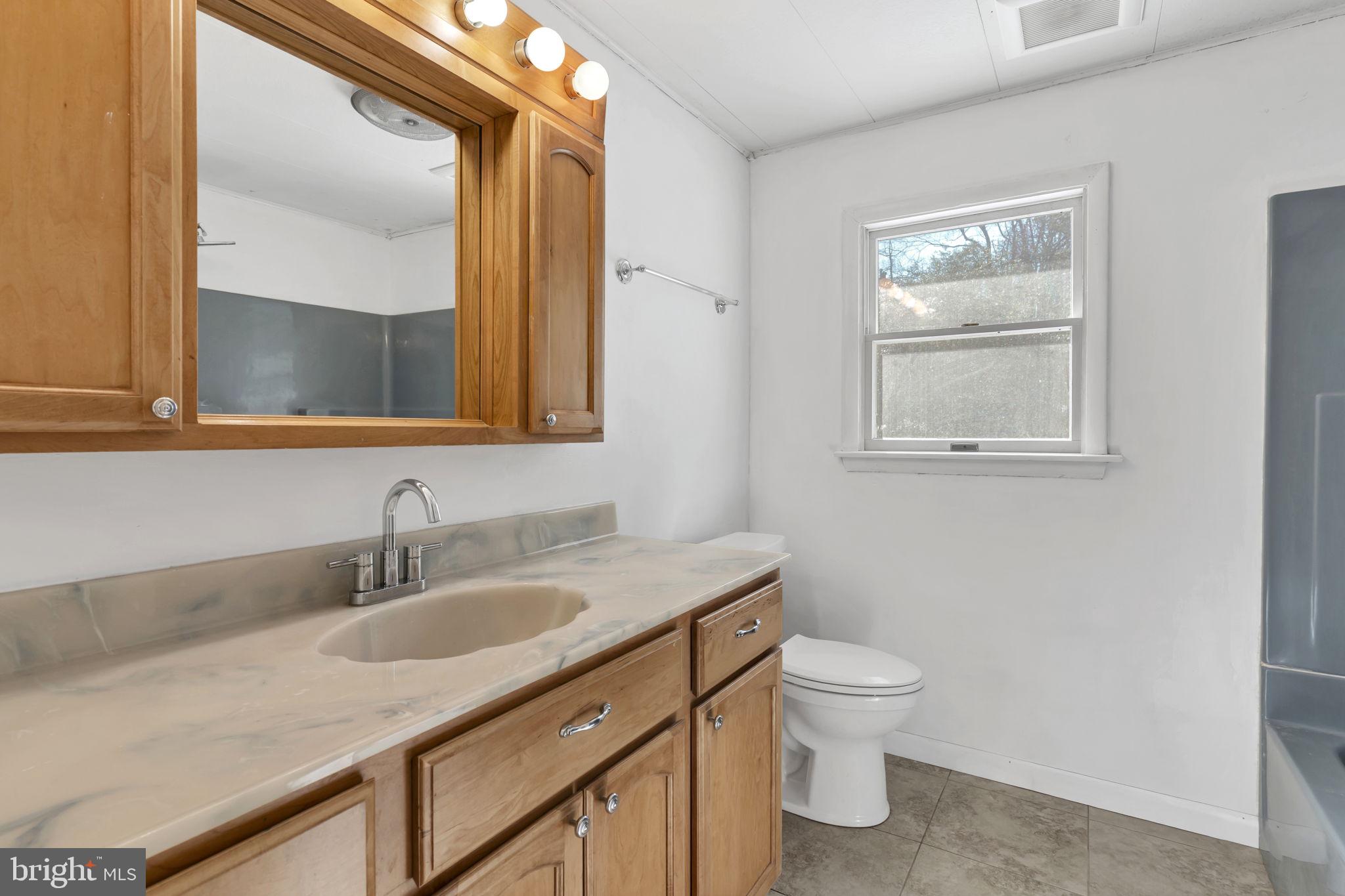 1150 Calvert Beach Road St. Leonard, MD 20685 - Photo 21 of 42 a bathroom with a granite countertop sink a toilet and a mirror