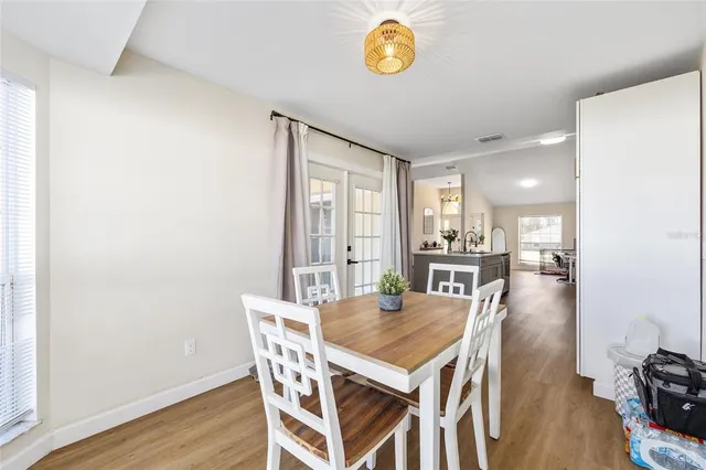 a view of a dining room with furniture