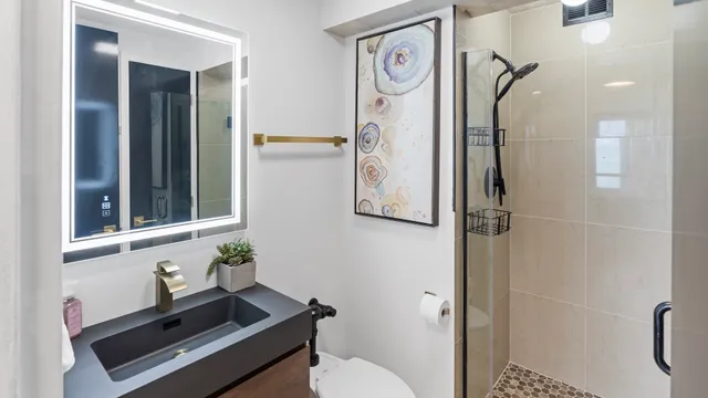 a bathroom with a sink mirror vanity and toilet