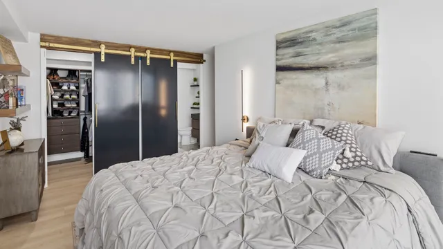 a bedroom with a bed and a walk in closet