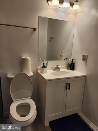 a bathroom with a sink a toilet and a mirror