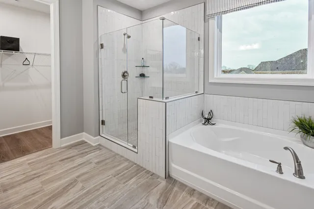 a bathroom with a bathtub and a shower