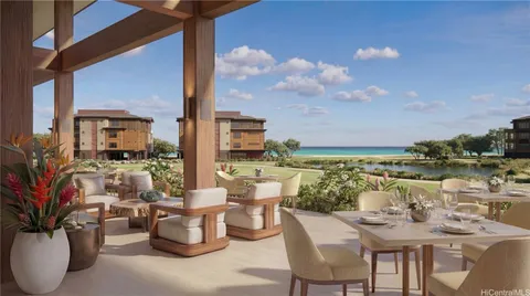 a view of an outside dining space with furniture