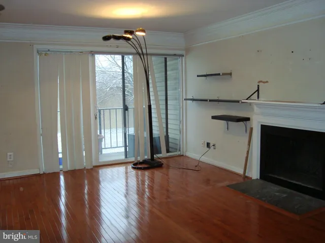 a view of empty room with wooden floor and fireplace
