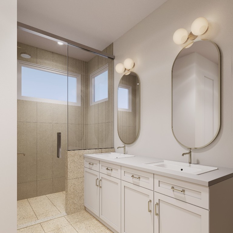 6407 Bradsher Drive, Unit 1 Austin, TX 78745 - Photo 6 of 23 a bathroom with a double vanity sink mirror and shower