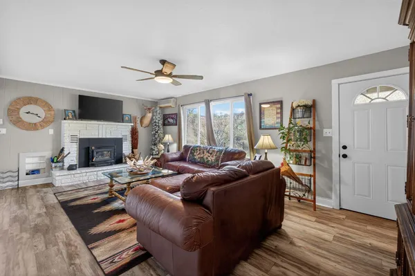 a living room with furniture a fireplace and a ceiling fan