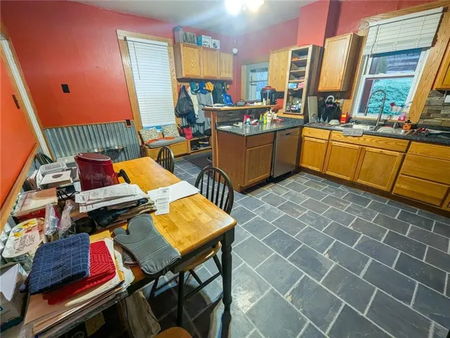 a work place with table and chairs