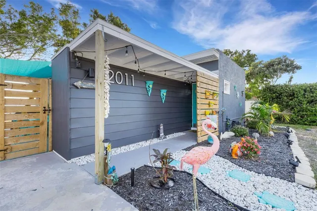 a front view of a house with patio