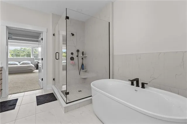 a bathroom with a tub a rug and a shower