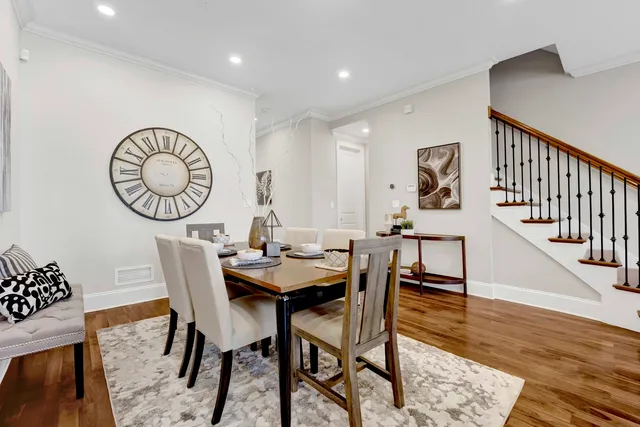 a view of a dining room with furniture