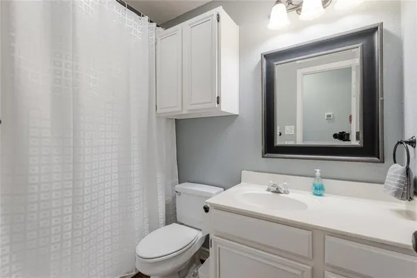a bathroom with a sink a toilet and mirror