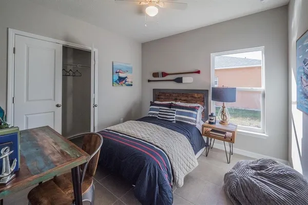 a bedroom with a bed and a table in it