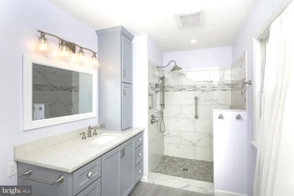a bathroom with a double vanity sink mirror and shower