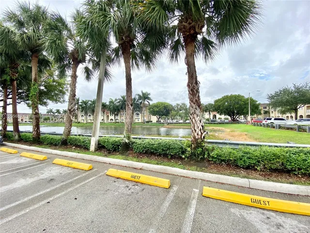 a view of swimming pool with palm trees