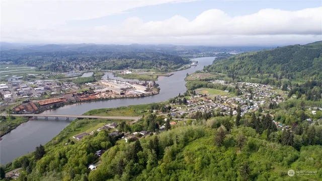 an aerial view of residential houses with outdoor space and lakeside
