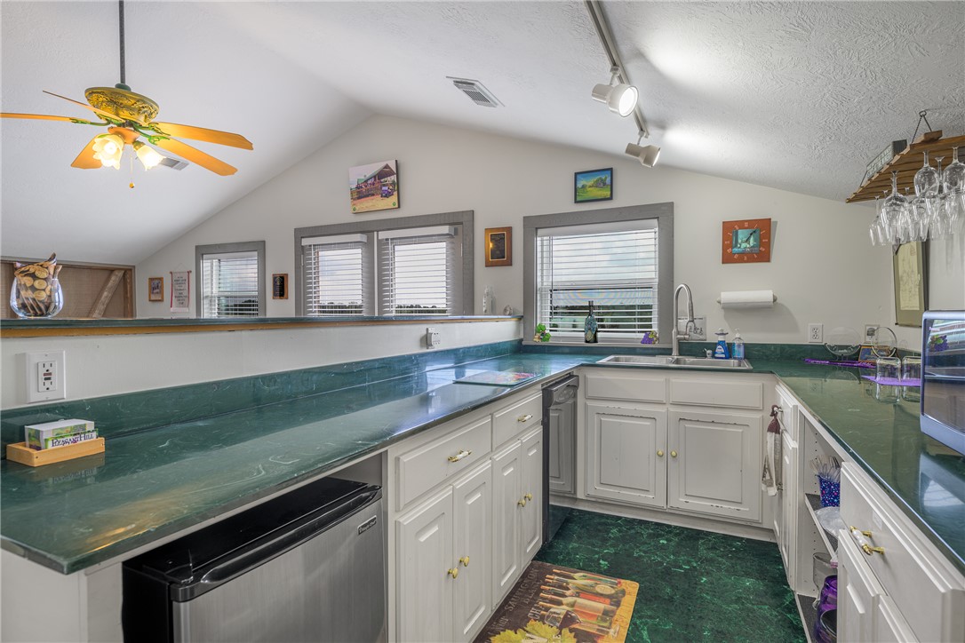 1441 Salem Road Brenham, TX 77833 - Photo 24 of 34 Kitchen with dishwasher, track lighting, vaulted ceiling, white cabinetry, and ceiling fan
