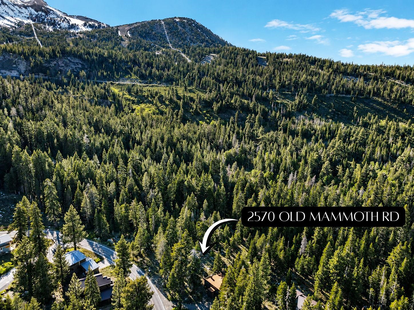 2570 Old Mammoth Road Mammoth Lakes, CA 93546 - Photo 1 of 39 Aerial perspective showcasing a mountainous, tree-covered landscape with visible snow caps