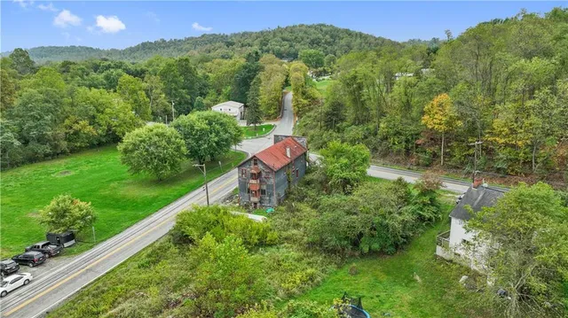 a view of a city with lush green forest