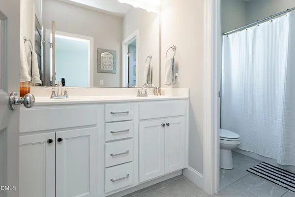 a bathroom with a double vanity sink toilet and a mirror