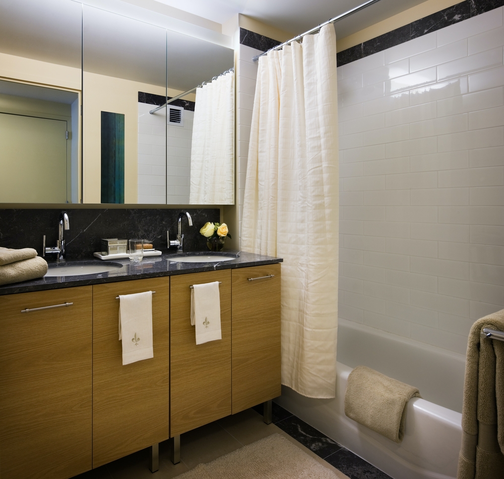 405 Main Street, Unit 9D Manhattan, NY 10044 - Photo 3 of 15 a bathroom with a sink a mirror and a shower