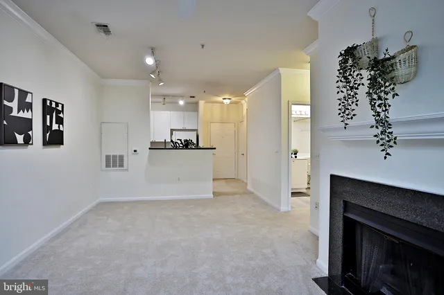 a view of a kitchen and a fireplace