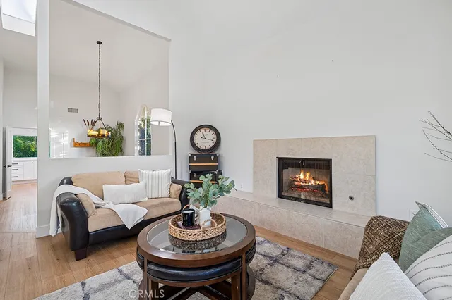 a living room with furniture a rug and a fireplace