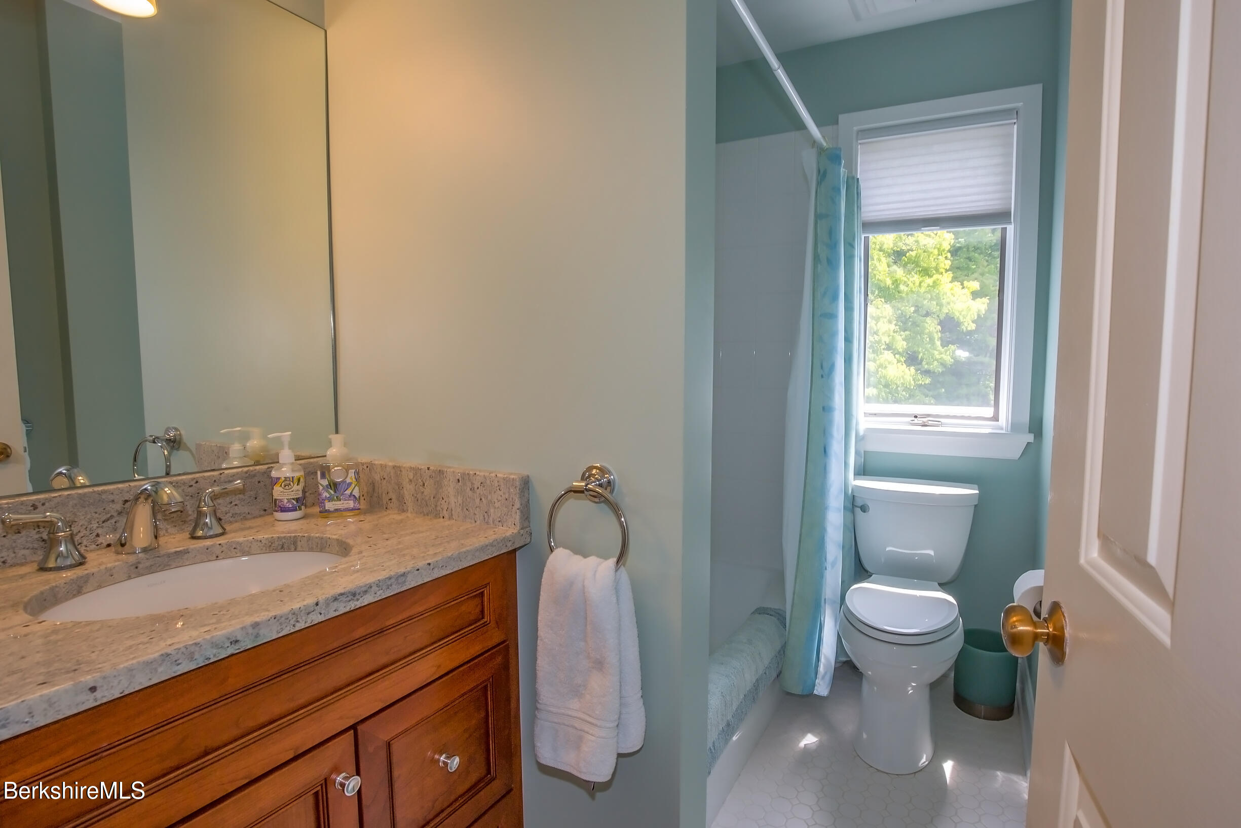 770 Summer Street, Unit 5D Lee, MA 01240 - Photo 15 of 45 a spacious bathroom with a granite countertop toilet a sink and a mirror