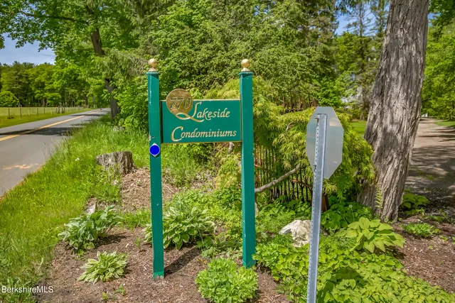 a view of a sign in a garden