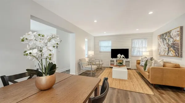 a living room with furniture and a potted plant